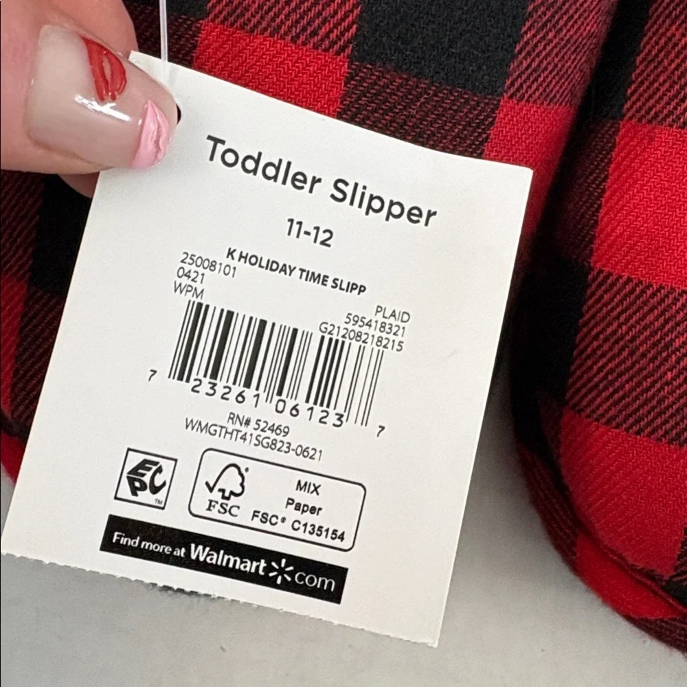 NWT Holiday Time Plaid Red Black Slippers Toddler 11-12